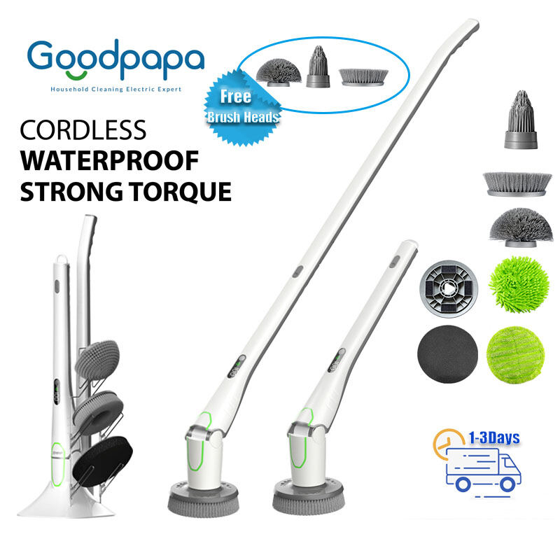 Goodpapa Electric Spin Scrubber Floor Shower Power Scrubber Cleaning Brush with Long Handle 2 Speed Hd Led Display, 6 Replaceable Brush Heads Cleaning for Kitchen, Bathroom, Floor, Tile, Bathtub