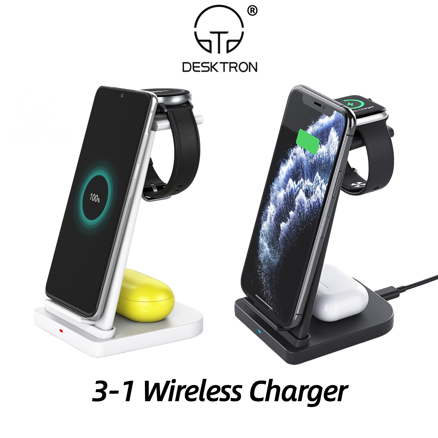 DESKTRON Wireless Charger 3 IN 1, 15W QI Fast Charge Wireless Charging Dock, Fast Charging Charger Station For iPhone 14 iWatch AirPods Samsung Watch Android Phones